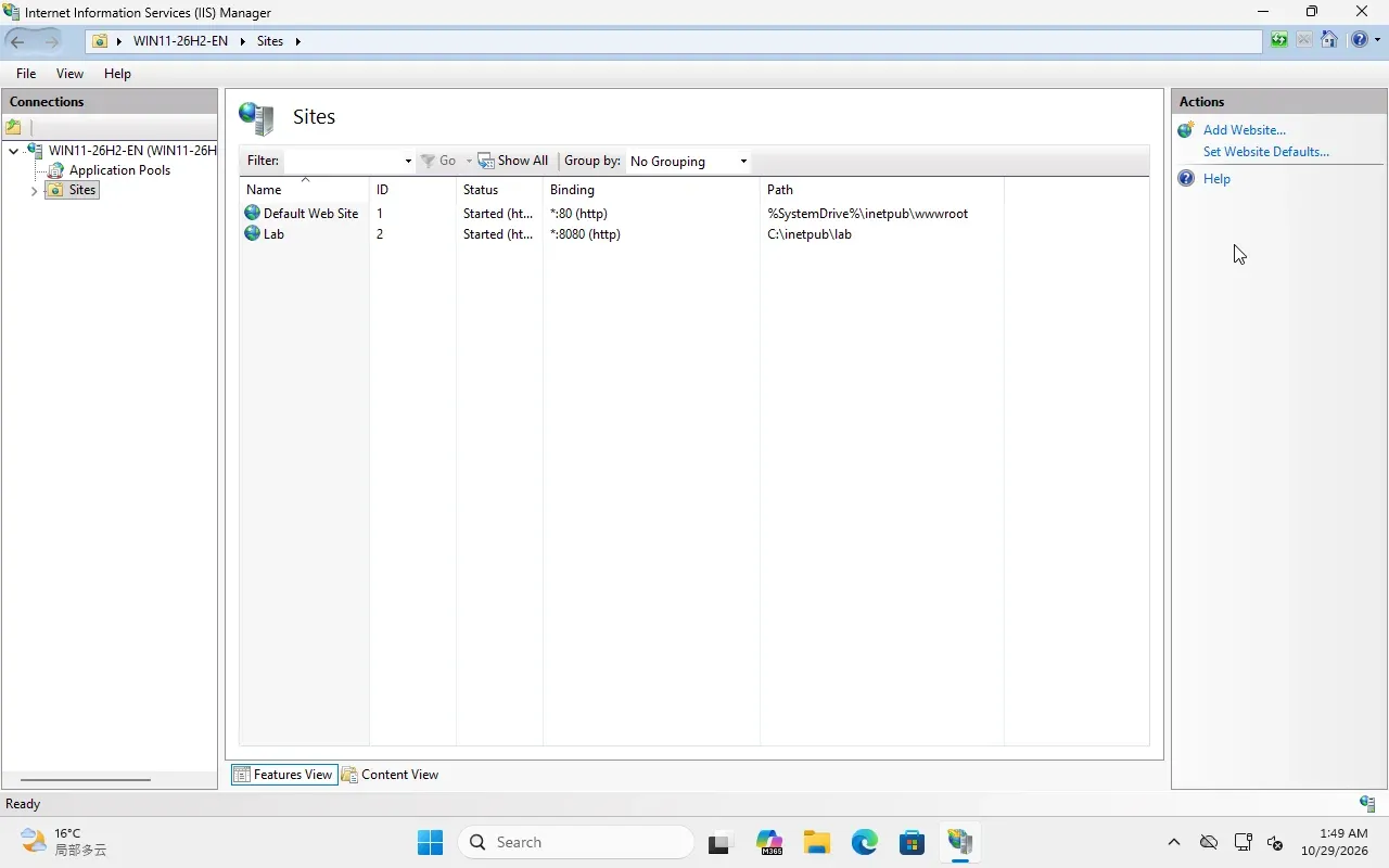 IIS Manager Sites view showing Default Web Site on port 80 and a Lab site on port 8080.