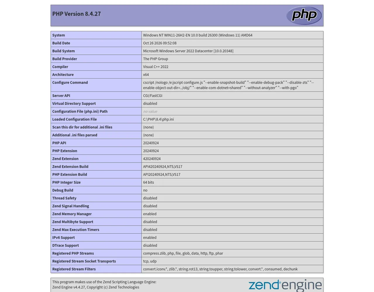 PHP 8.4.27 phpinfo page served by IIS FastCGI on Windows 11 26H2, showing Server API CGI/FastCGI and the loaded php.ini.
