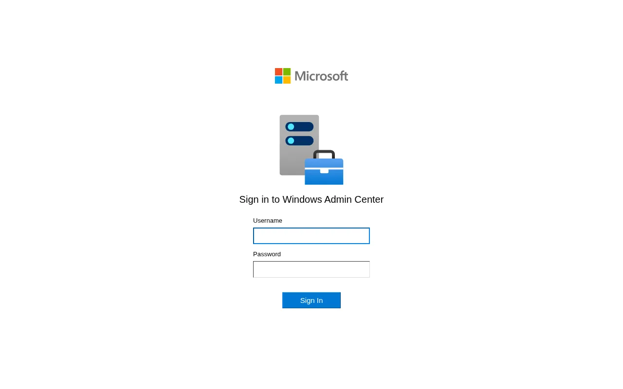 Windows Admin Center sign-in page with username and password fields.