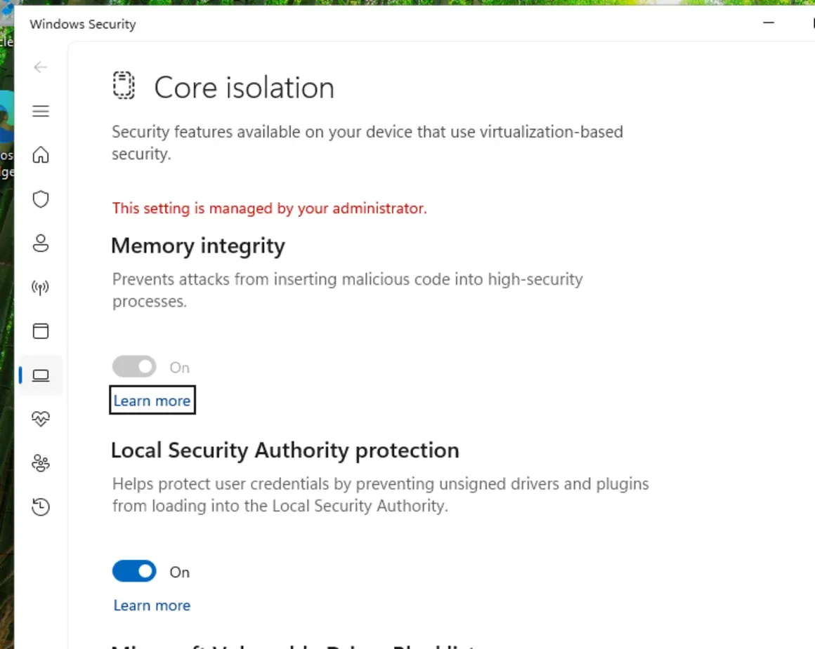Windows 安全中心内核隔离页面,显示内存完整性为开。