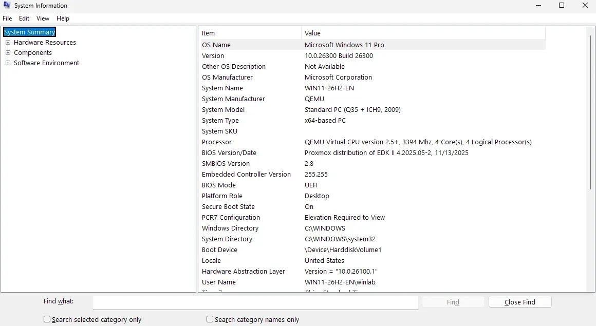 Windows 11 Pro 26H2 的 msinfo32,显示 build 26300、UEFI 和 Secure Boot On。