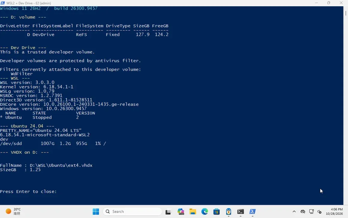 PowerShell 显示 D: 是 ReFS Dev Drive、WSL 3.0.3、Ubuntu 24.04,VHDX 位于 D:。